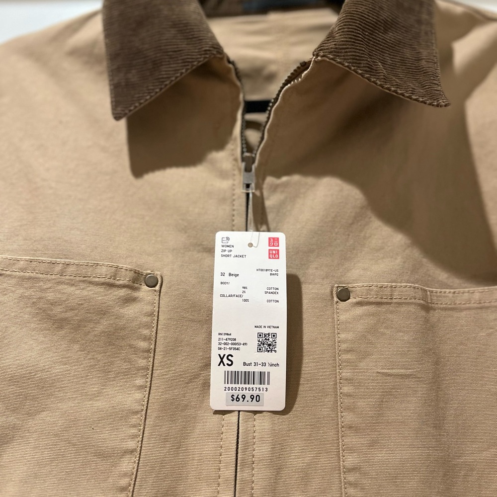 Uniqlo Women's Tan Cropped Jacket with Dark Brown Corduroy Collar - Picture 5 of 5